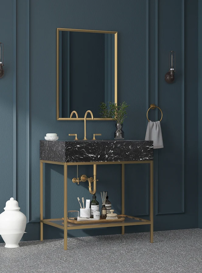 Marmo Engineered Stone Top, Brushed Gold And Glass Base Vanity - Image 21