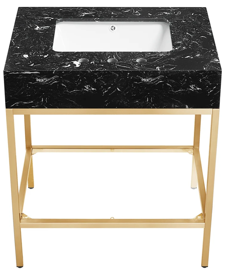 Marmo Engineered Stone Top, Brushed Gold And Glass Base Vanity - Image 22