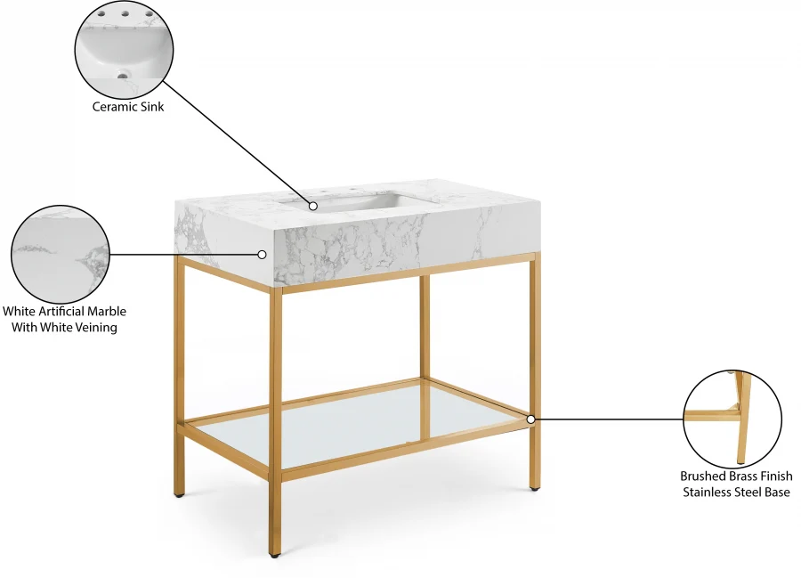 Marmo Engineered Stone Top, Brushed Gold And Glass Base Vanity - Image 29