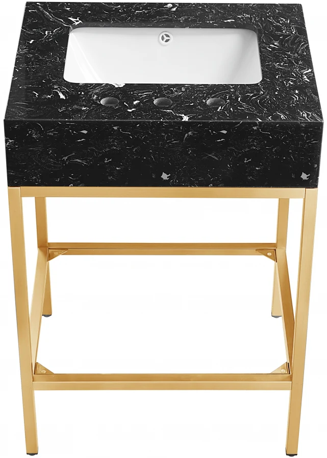 Marmo Engineered Stone Top, Brushed Gold And Glass Base Vanity - Image 3