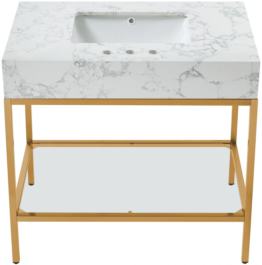 Marmo Engineered Stone Top, Brushed Gold And Glass Base Vanity - Image 30