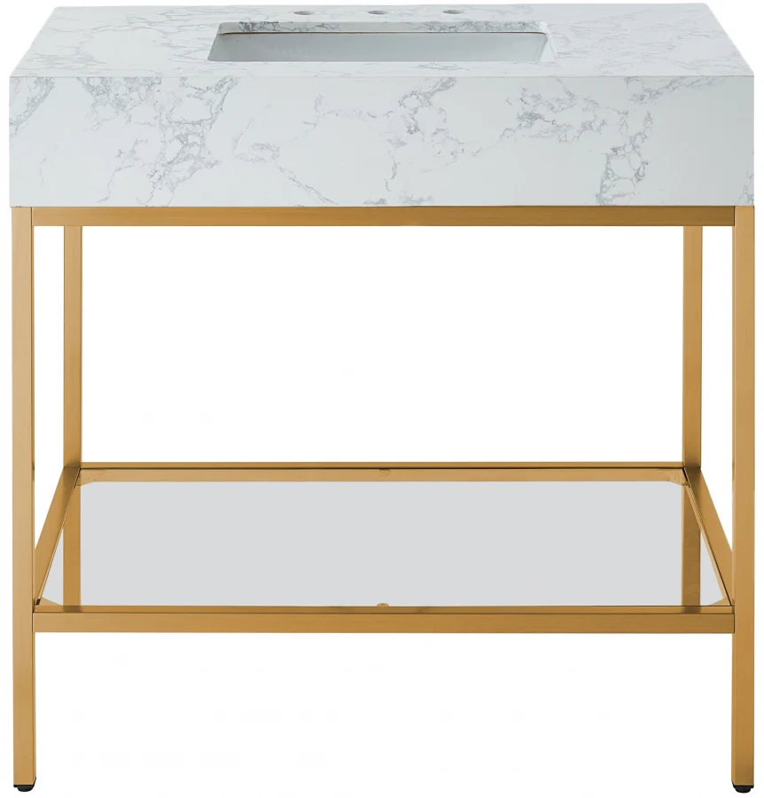 Marmo Engineered Stone Top, Brushed Gold And Glass Base Vanity - Image 31
