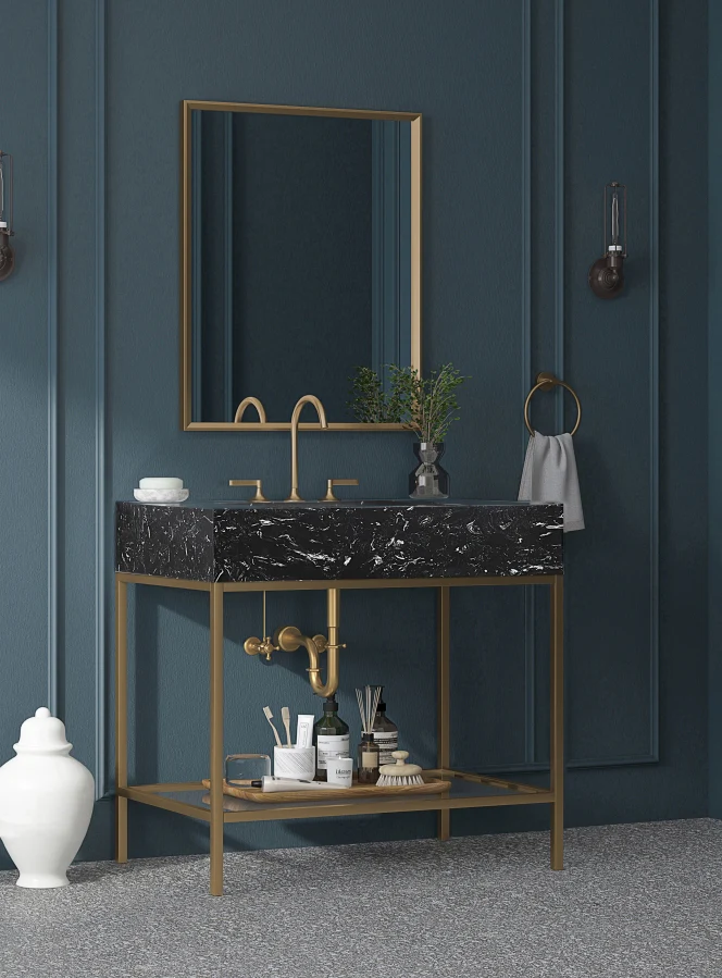 Marmo Engineered Stone Top, Brushed Gold And Glass Base Vanity - Image 36