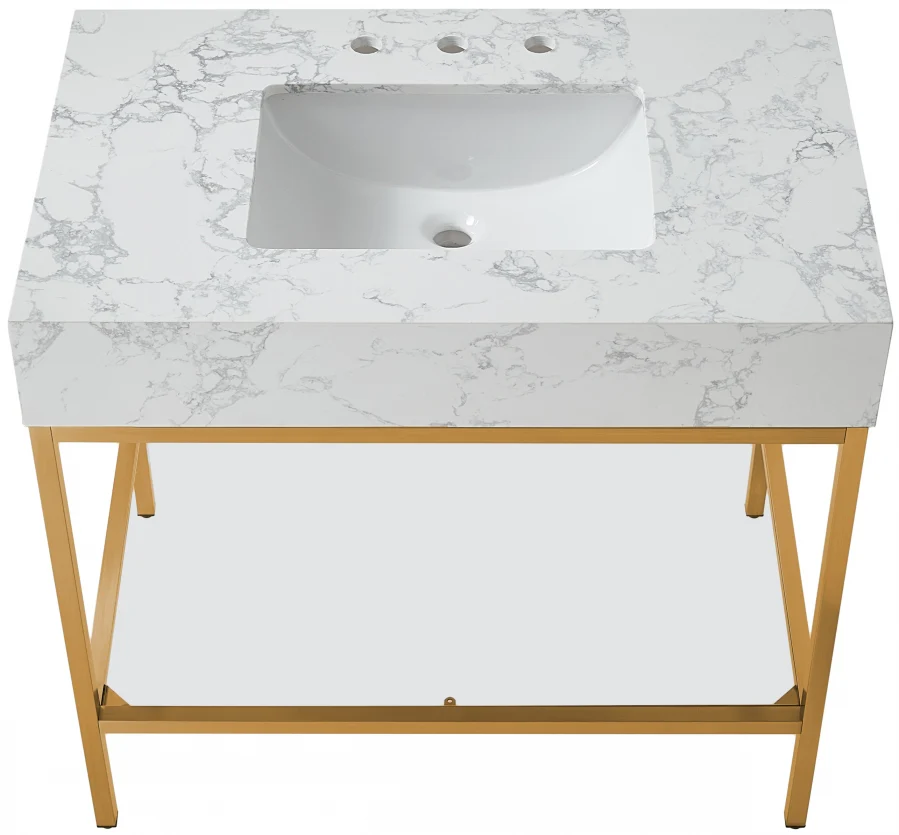 Marmo Engineered Stone Top, Brushed Gold And Glass Base Vanity - Image 47