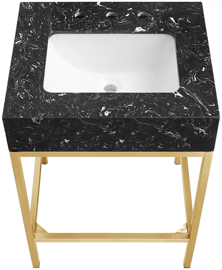 Marmo Engineered Stone Top, Brushed Gold And Glass Base Vanity - Image 5