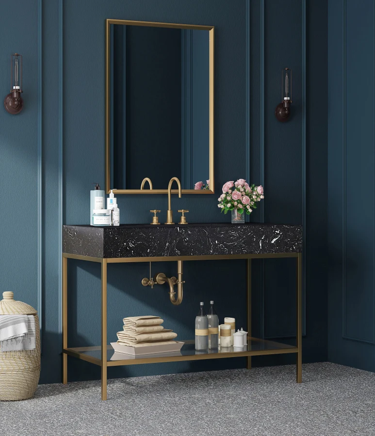 Marmo Engineered Stone Top, Brushed Gold And Glass Base Vanity - Image 52