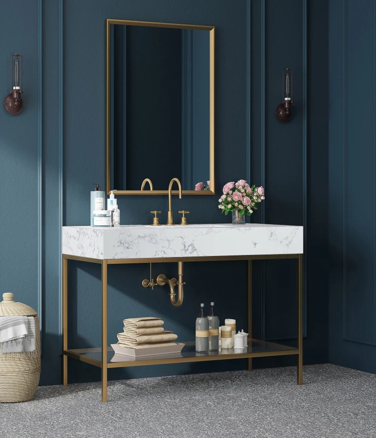 Marmo Engineered Stone Top, Brushed Gold And Glass Base Vanity - Image 62