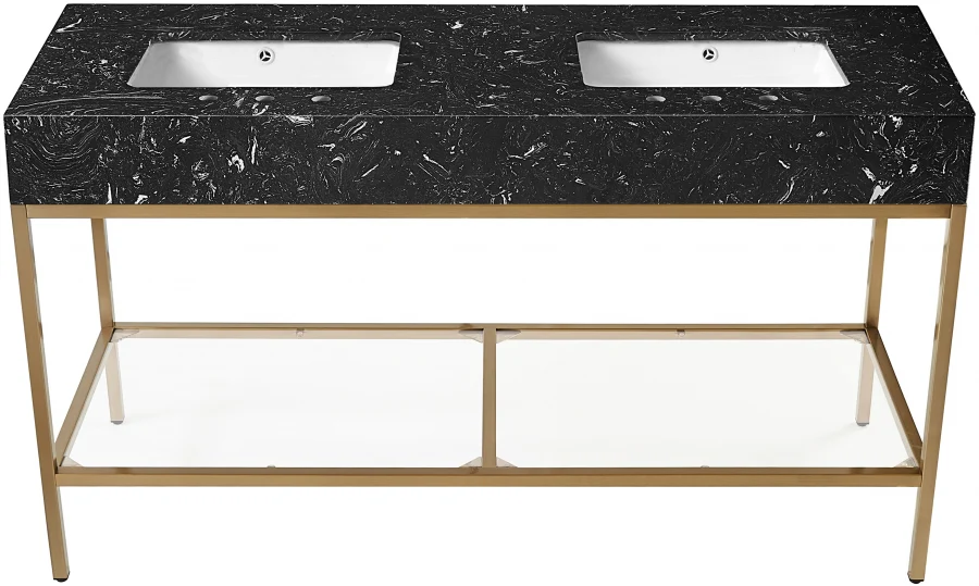 Marmo Engineered Stone Top, Brushed Gold And Glass Base Vanity - Image 71