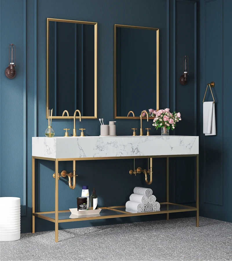 Marmo Engineered Stone Top, Brushed Gold And Glass Base Vanity - Image 78