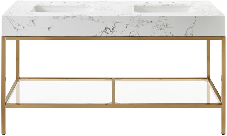 Marmo Engineered Stone Top, Brushed Gold And Glass Base Vanity - Image 80