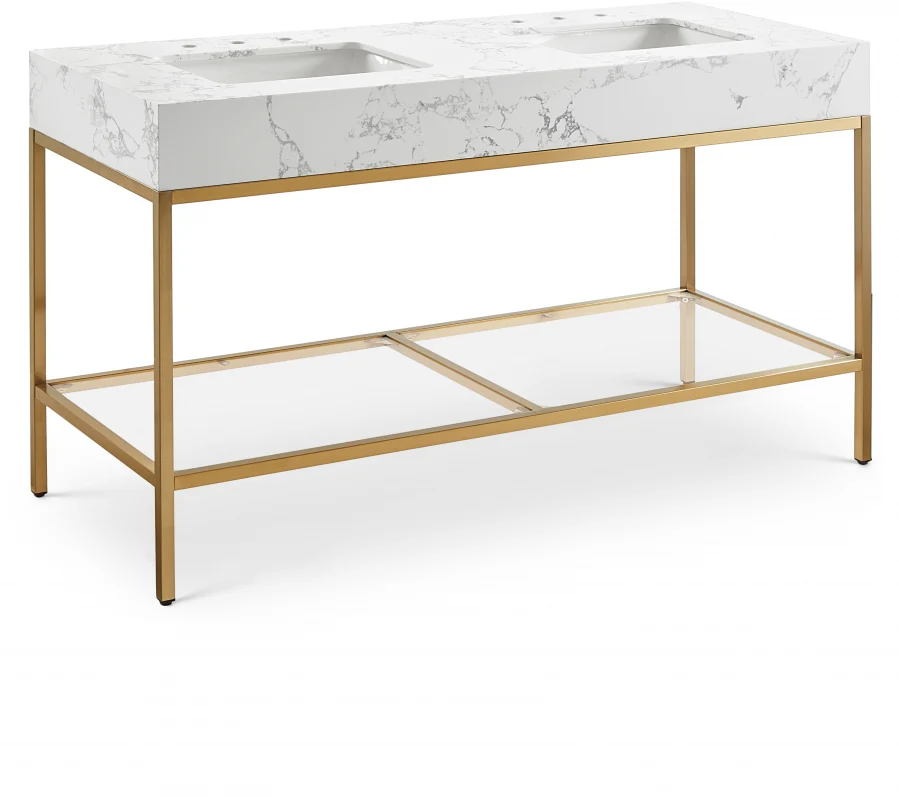 Marmo Engineered Stone Top, Brushed Gold And Glass Base Vanity - Image 84