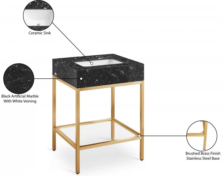 Marmo Engineered Stone Top, Brushed Gold And Glass Base Vanity - Image 9