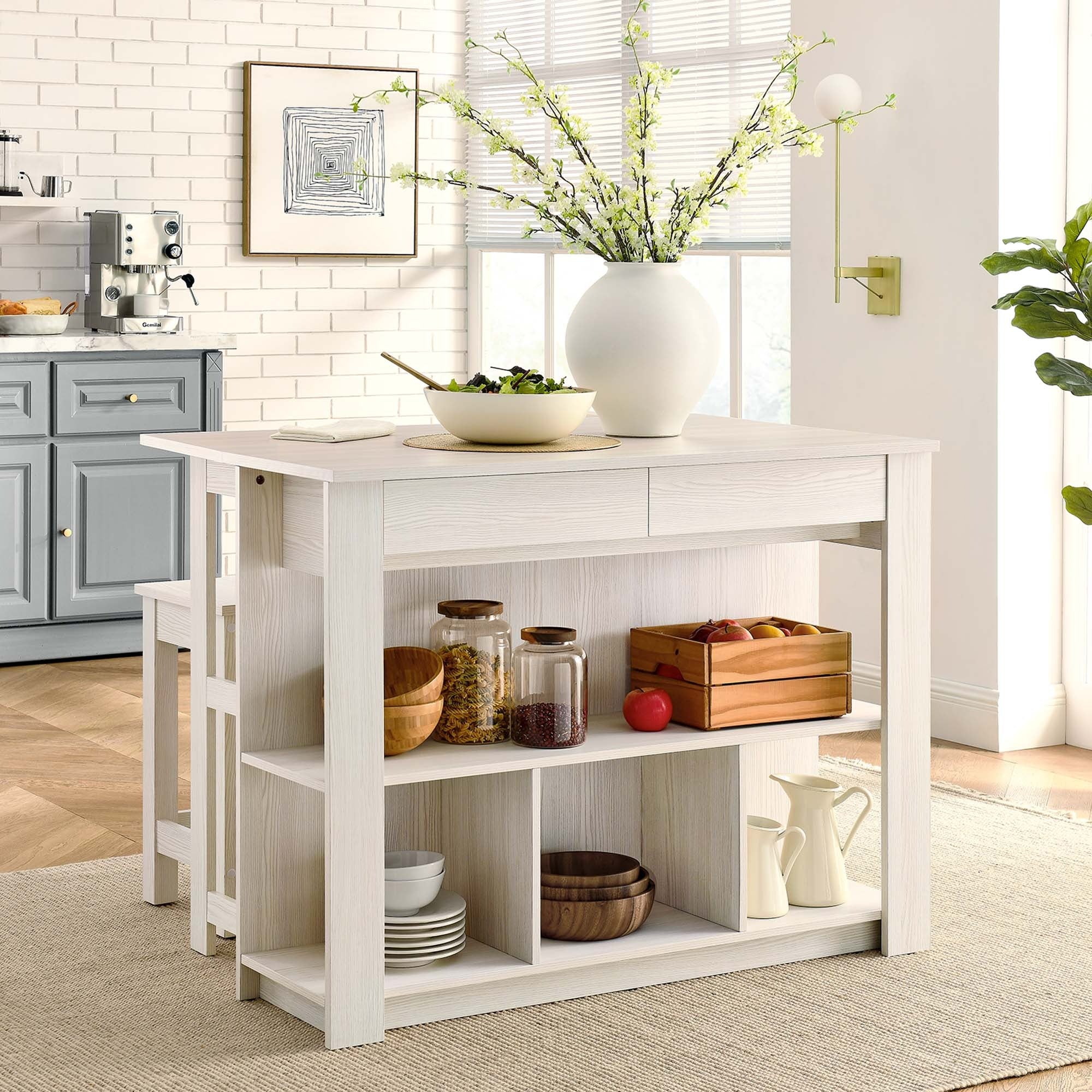 Meadowbrook 3-Piece Kitchen Island and Stool Set in White Maple - Image 2