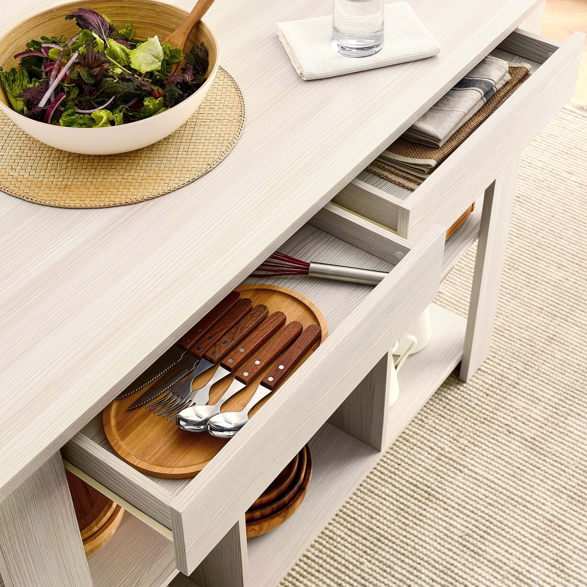 Meadowbrook 3-Piece Kitchen Island and Stool Set in White Maple - Image 3