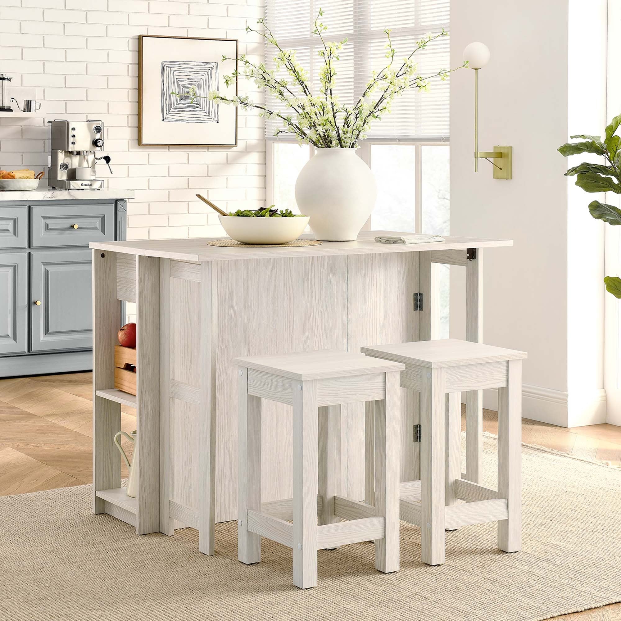 Meadowbrook 3-Piece Kitchen Island and Stool Set in White Maple - Image 4