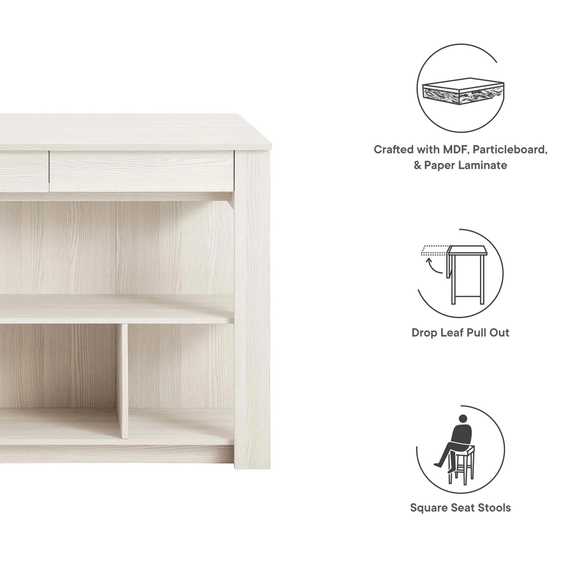 Meadowbrook 3-Piece Kitchen Island and Stool Set in White Maple - Image 9
