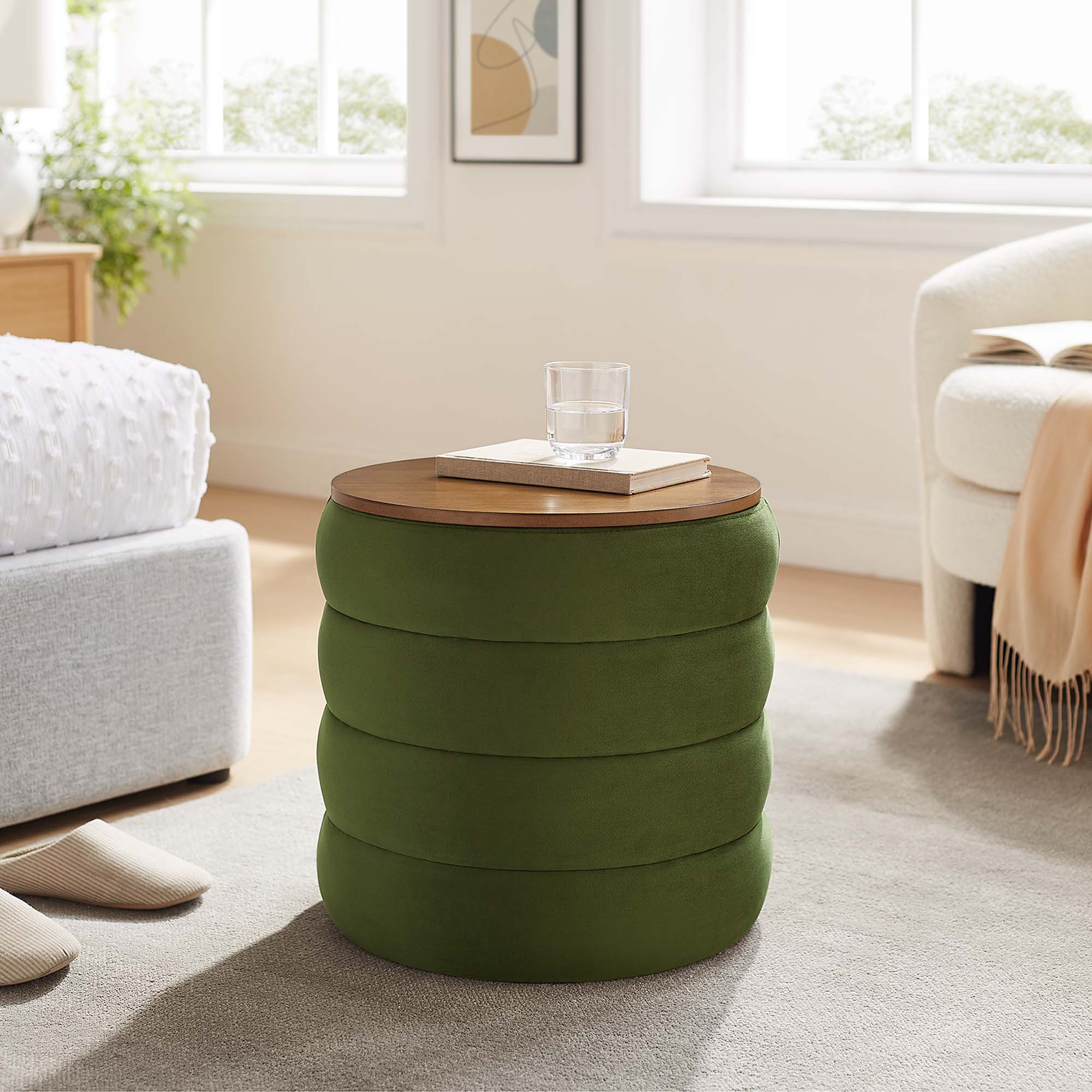 Mezzo Round Performance Velvet Storage Ottoman - Image 3
