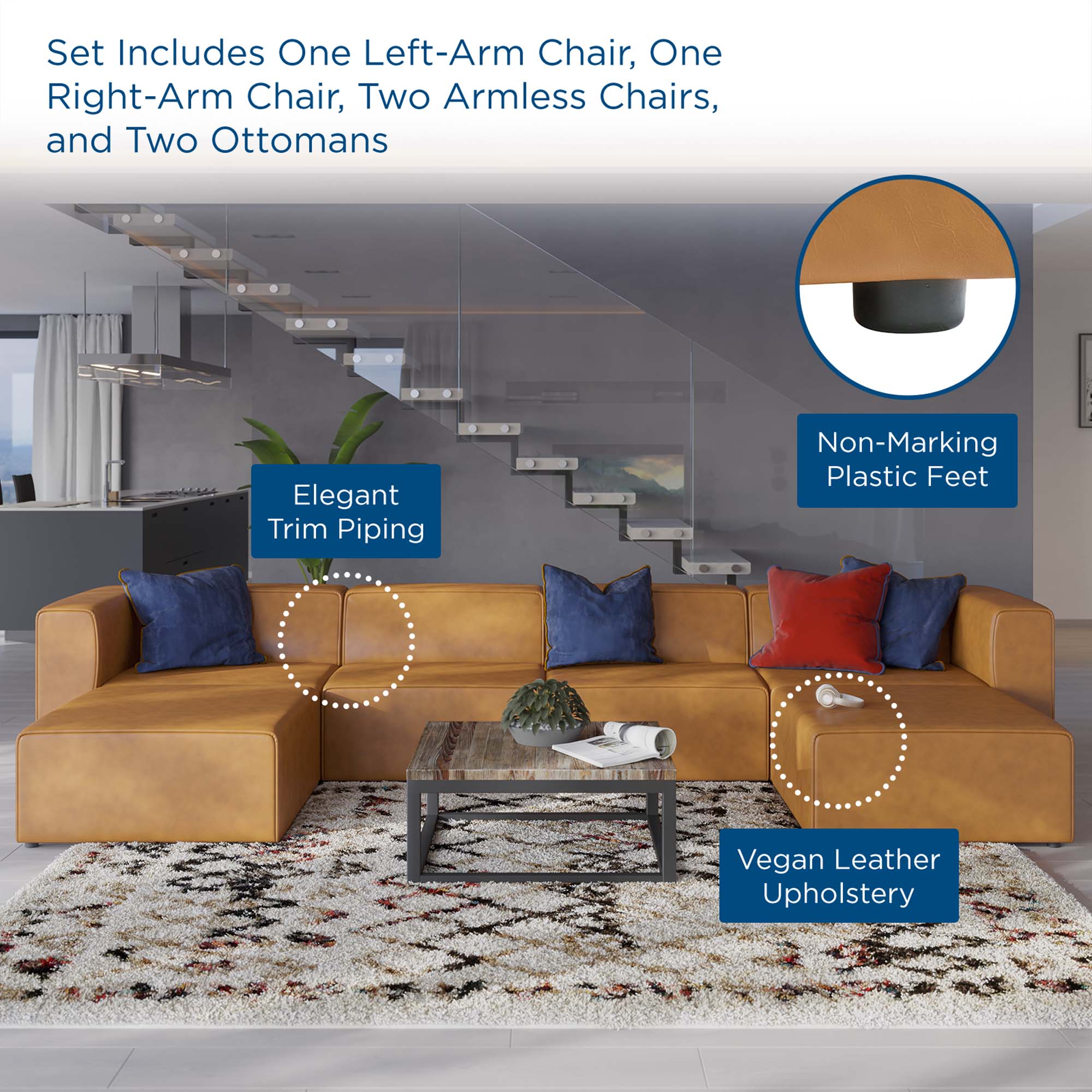 Mingle Vegan Leather 4-Piece Sofa and 2 Ottomans Set - Image 14