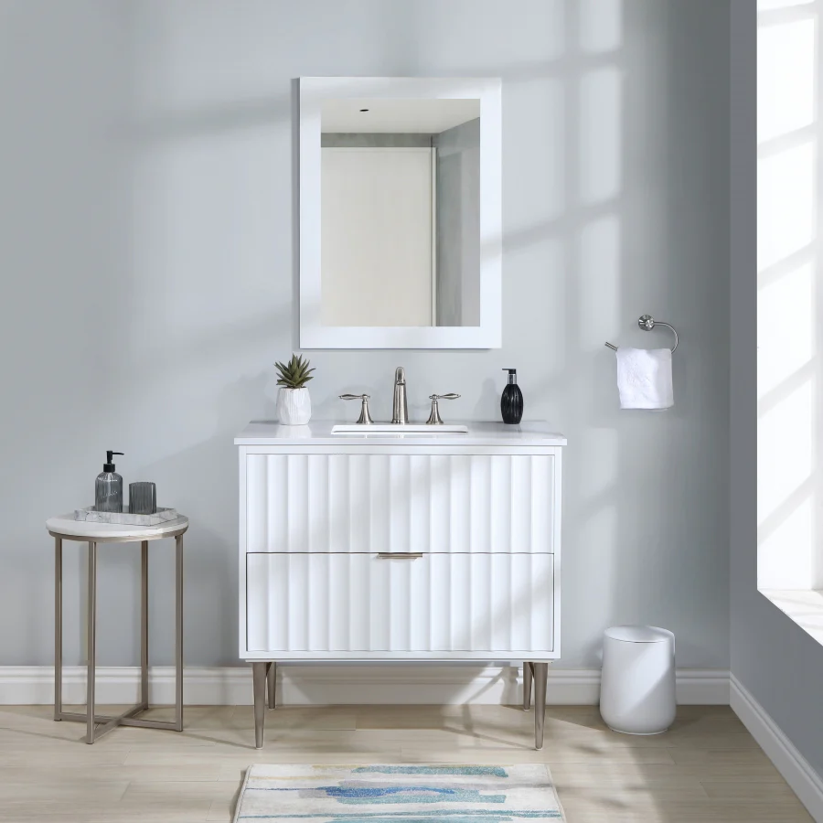 Modernist Engineered Stone Top And Solid Wood Base (brushed chrome) Bathroom Vanity - Image 31