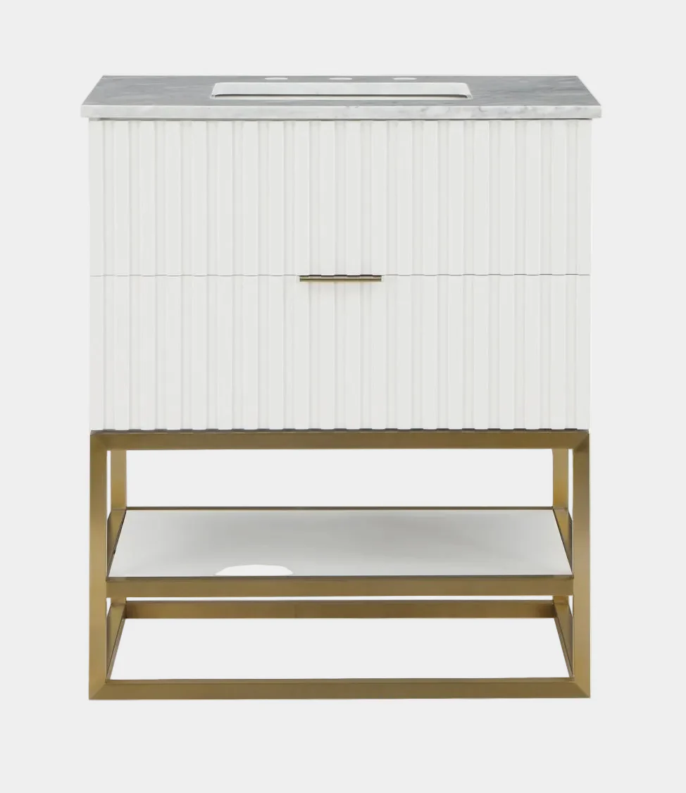 Monad Genuine Marble Top, Steel And Glass Base Vanity - Image 17