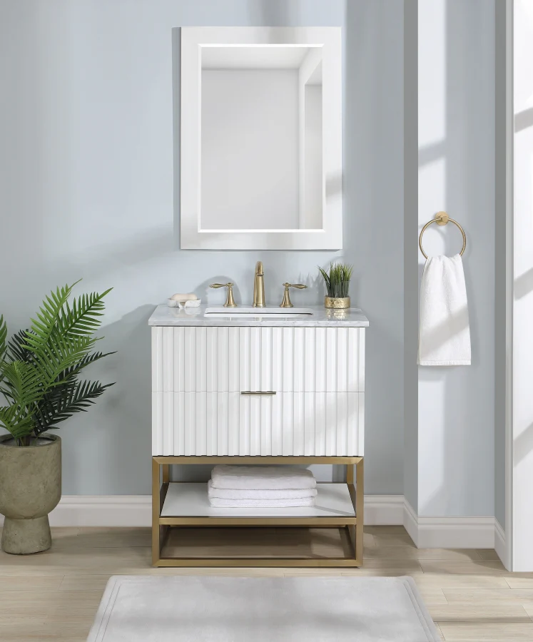 Monad Genuine Marble Top, Steel And Glass Base Vanity - Image 18