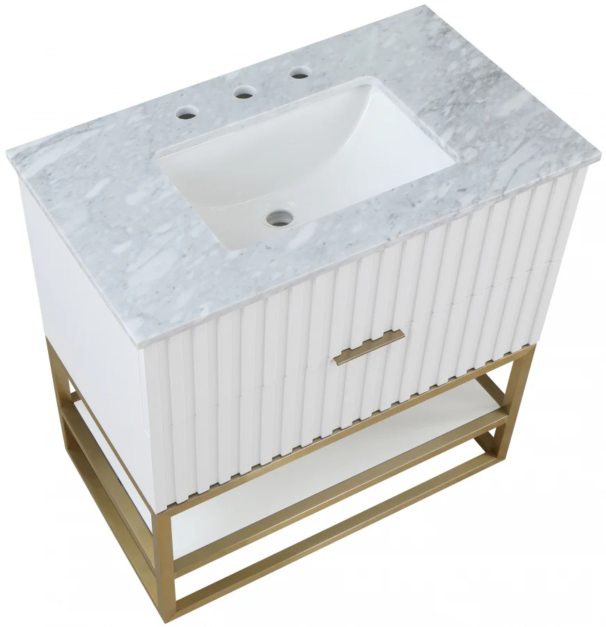 Monad Genuine Marble Top, Steel And Glass Base Vanity - Image 43