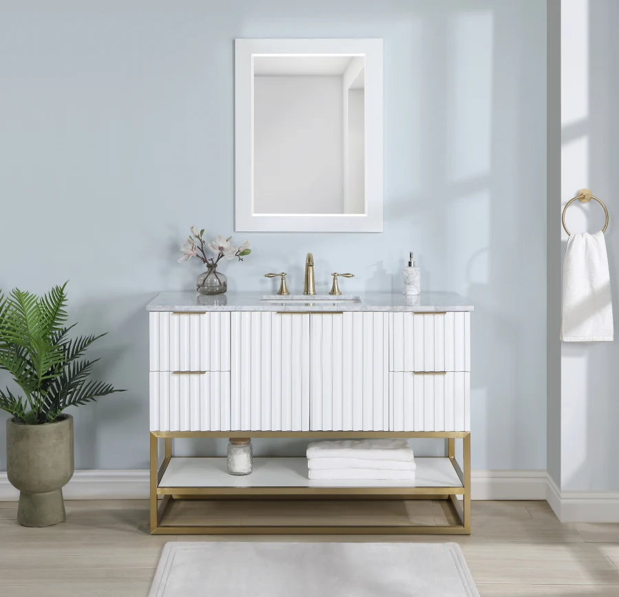 Monad 48" Genuine Marble Top, Steel And Glass Base Vanity - Image 2