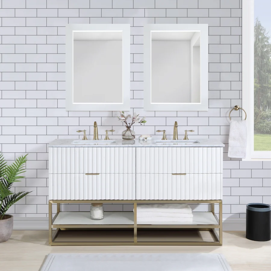 Monad 60" Genuine Marble Top, Steel And Glass Base Vanity - Image 2