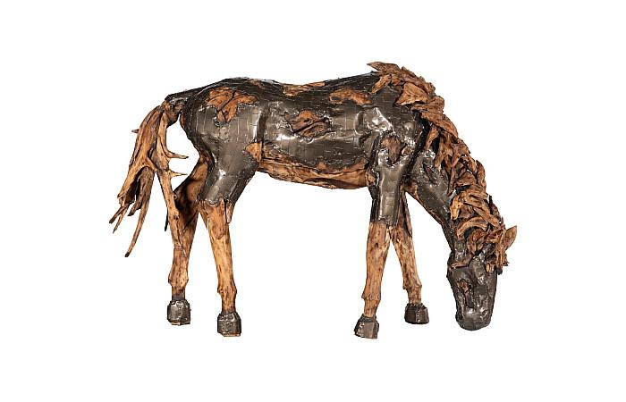 Mustang Horse Armored Sculpture, Grazing, Natural Bronze Finish - Image 2