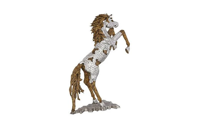 Mustang Horse Armored Sculpture, Rearing, Wood Base - Image 2