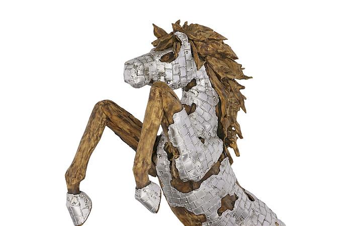 Mustang Horse Armored Sculpture, Rearing, Wood Base - Image 3