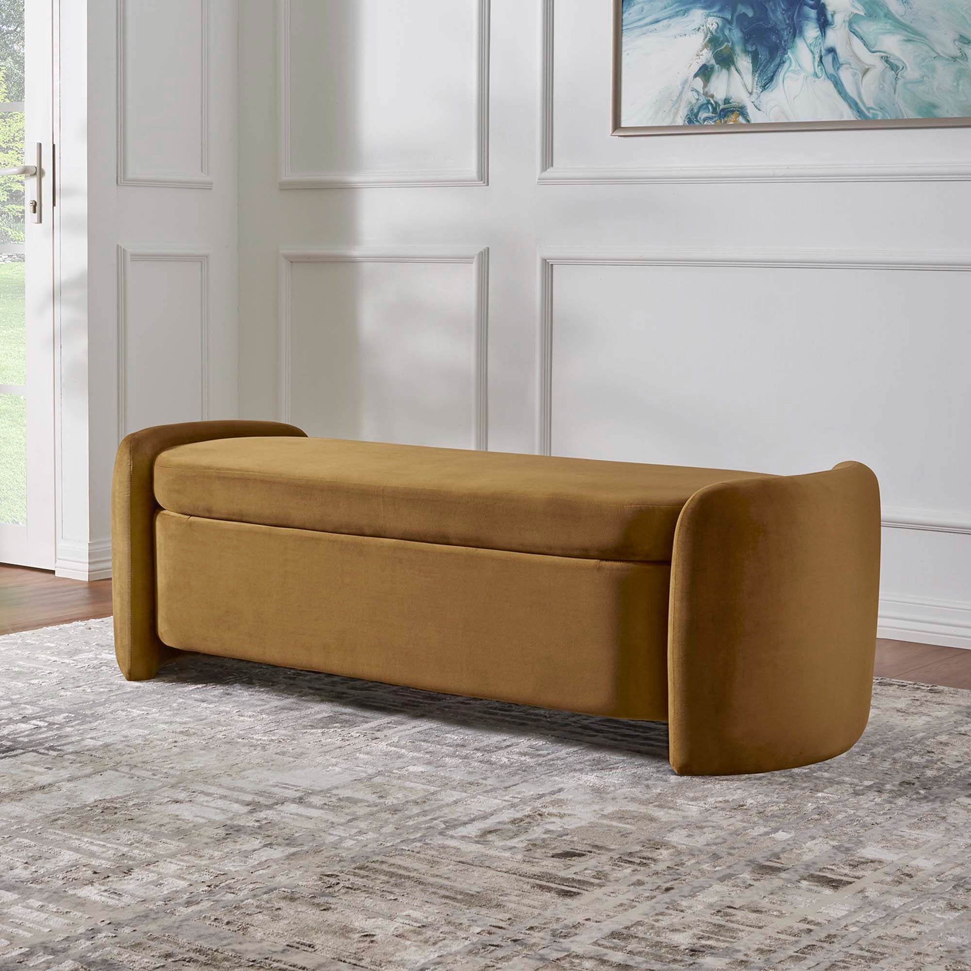 Nebula Upholstered Performance Velvet Bench in Cognac - Image 2