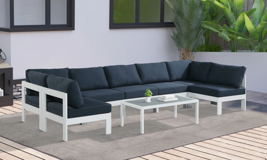 Nizuc 150" Water Resistant Fabric Upholstered Outdoor Patio 7pc. Modular Sectional - Image 18