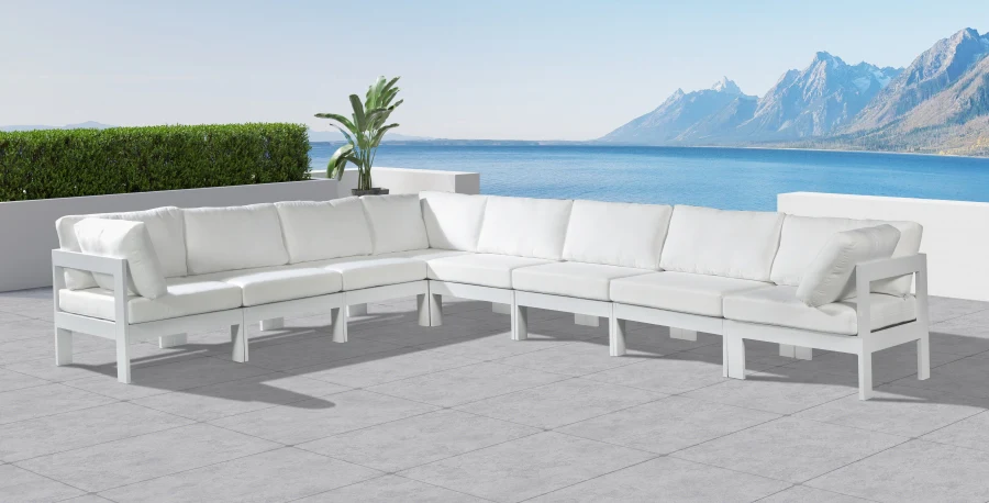 Nizuc 150" Water Resistant Fabric Upholstered Outdoor Patio 8pc. Modular Sectional - Image 10