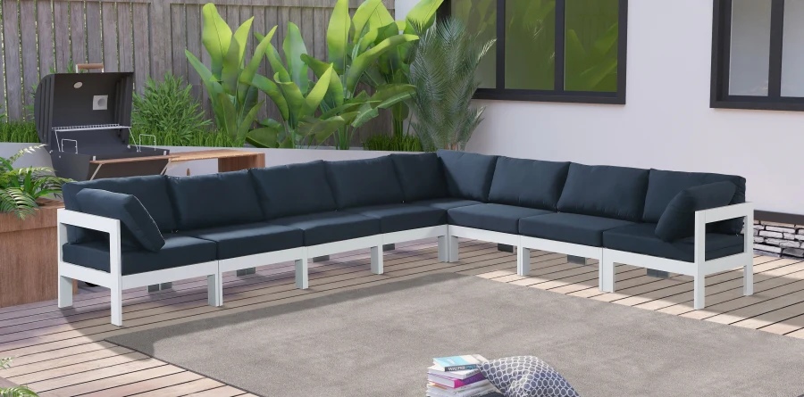 Nizuc 150" Water Resistant Fabric Upholstered Outdoor Patio 8pc. Modular Sectional - Image 19