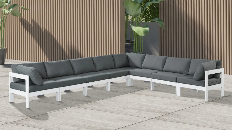Nizuc 150" Water Resistant Fabric Upholstered Outdoor Patio 8pc. Modular Sectional - Image 2