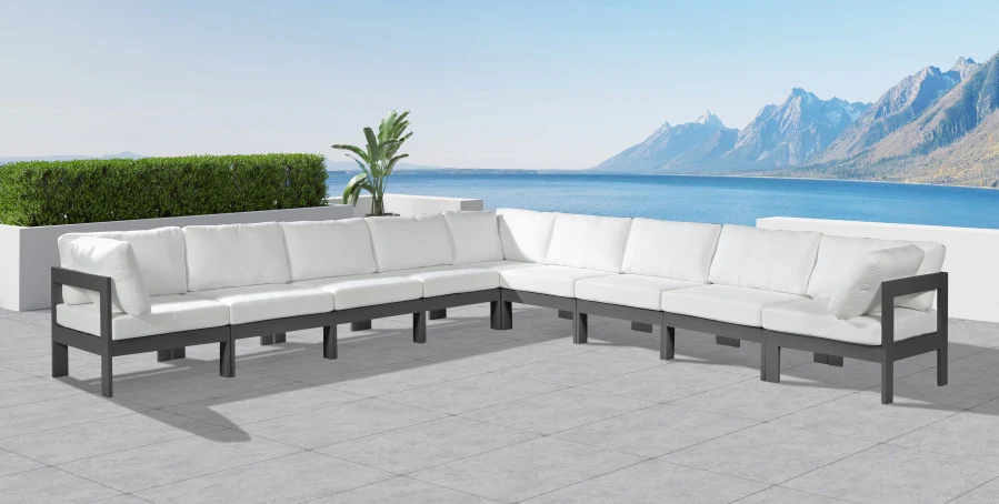 Nizuc 150" Water Resistant Fabric Upholstered Outdoor Patio 9pc. Modular Sectional - Image 10
