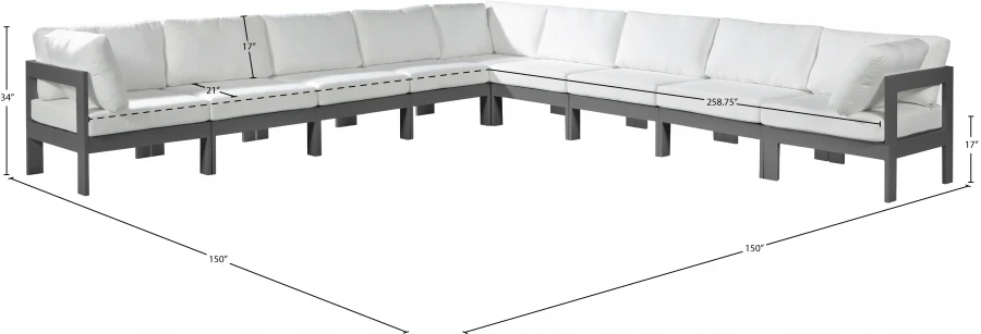 Nizuc 150" Water Resistant Fabric Upholstered Outdoor Patio 9pc. Modular Sectional - Image 16
