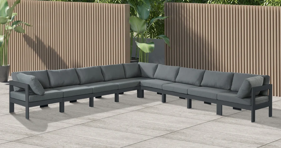 Nizuc 150" Water Resistant Fabric Upholstered Outdoor Patio 9pc. Modular Sectional - Image 2