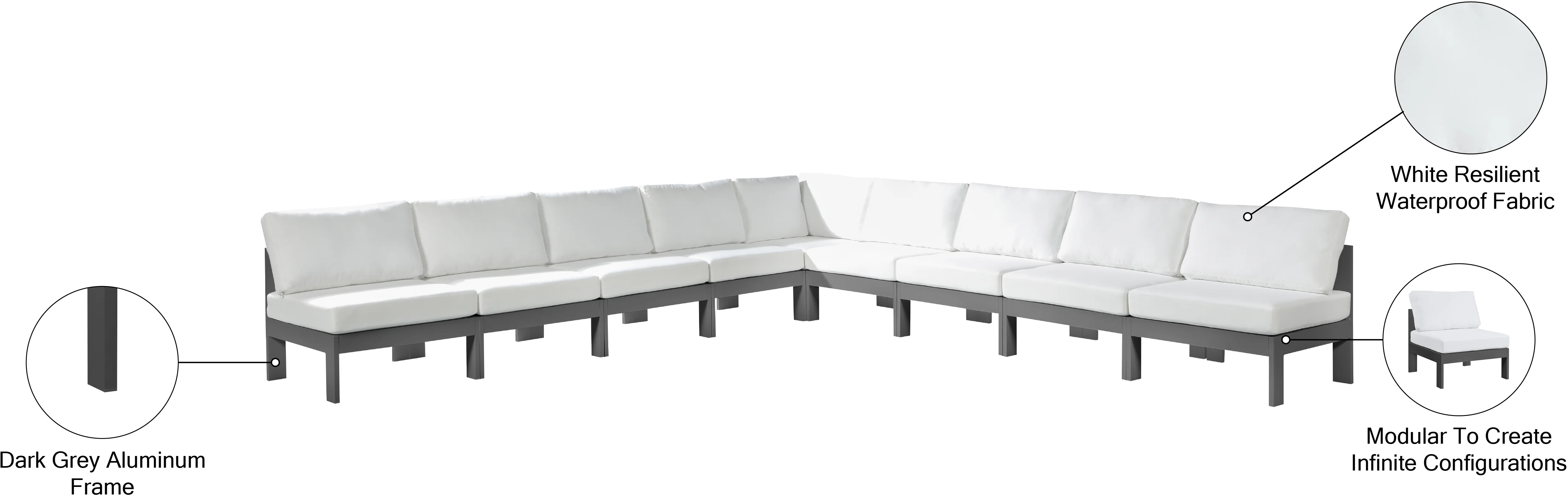Nizuc 150" Water Resistant Fabric Upholstered Outdoor Patio 9pc. Modular Sectional - Image 17