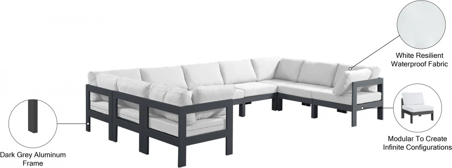 Nizuc 150" Water Resistant Fabric Upholstered Outdoor Patio 9pc. Modular Sectional - Image 15