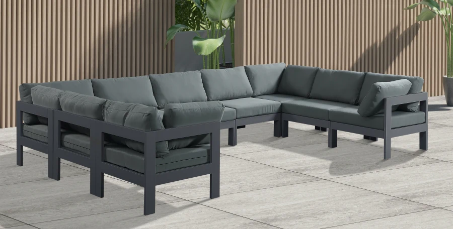 Nizuc 150" Water Resistant Fabric Upholstered Outdoor Patio 9pc. Modular Sectional - Image 2