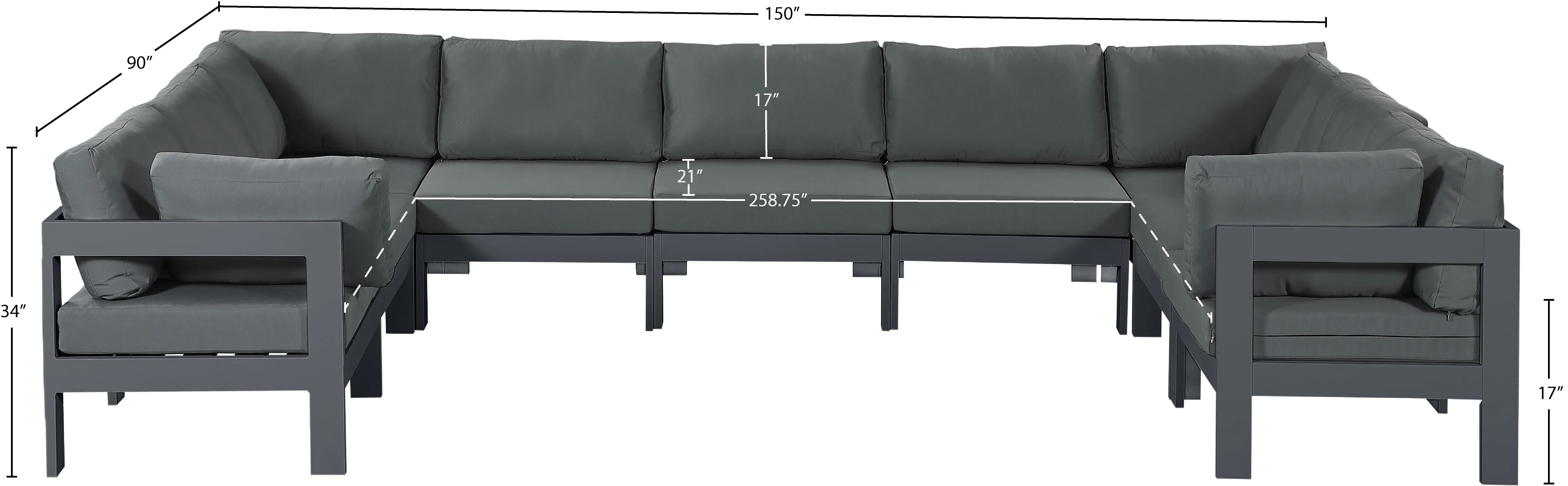 Nizuc 150" Water Resistant Fabric Upholstered Outdoor Patio 9pc. Modular Sectional - Image 7