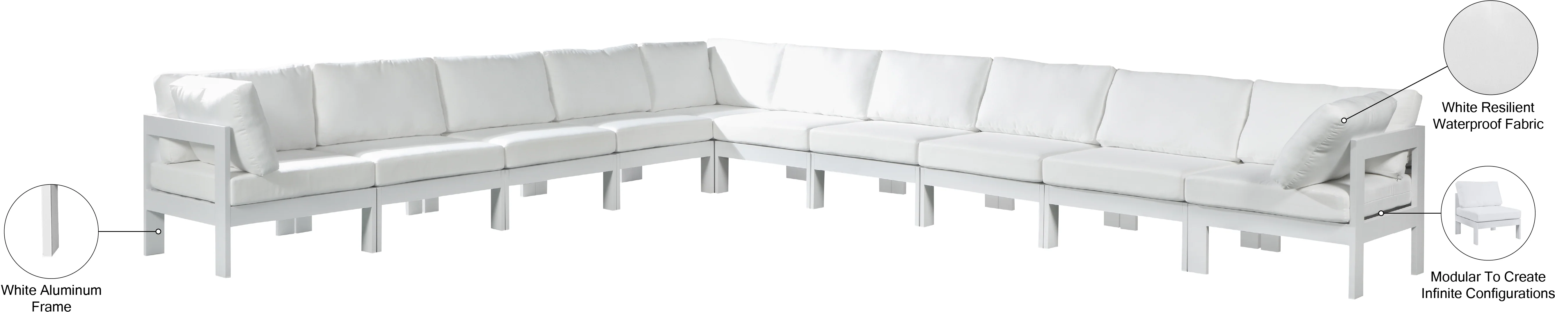 Nizuc 180" Water Resistant Fabric Upholstered Outdoor Patio 10pc. Modular Sectional - Image 16