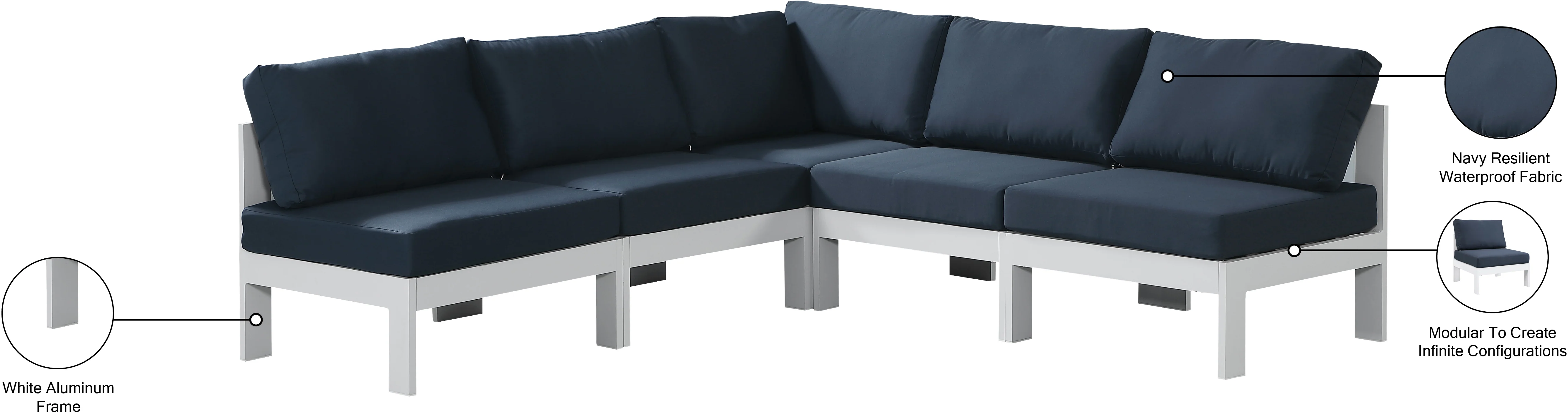 Nizuc 90" Water Resistant Fabric Upholstered Outdoor Patio 5pc. Modular Sectional - Image 26