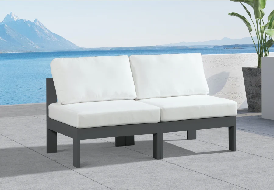 Nizuc Water Resistant Fabric Upholstered Outdoor Patio 2pc. Armless Modular Loveseat - Image 11