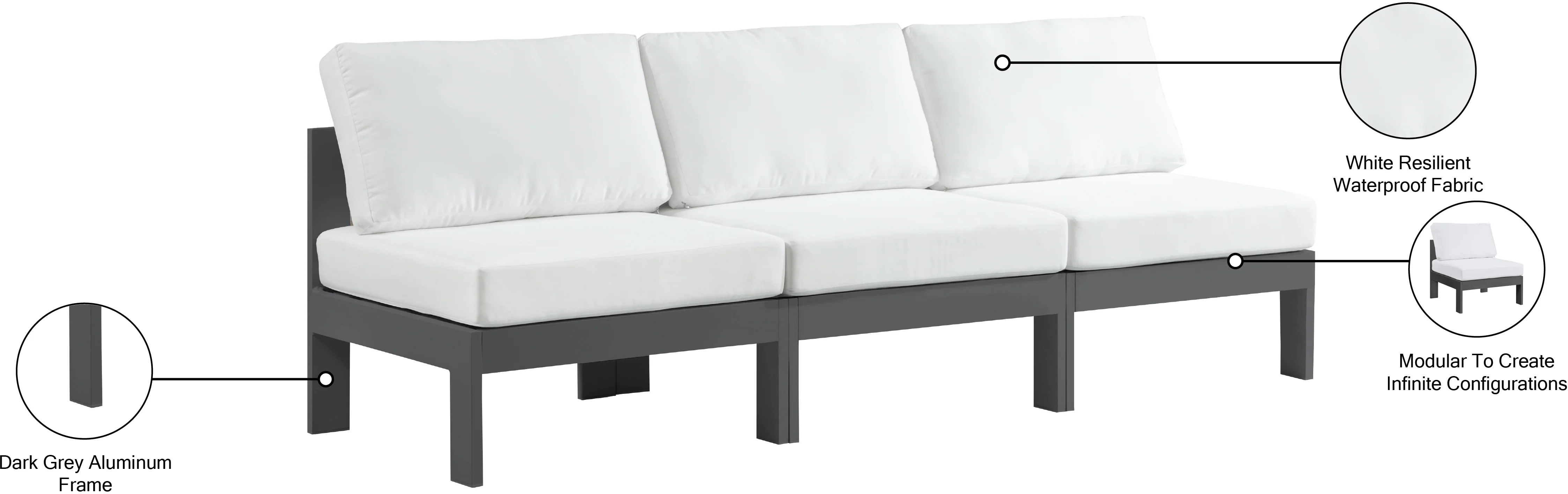 Nizuc Water Resistant Fabric Upholstered Outdoor Patio 3pc. Armless Modular Sofa - Image 18