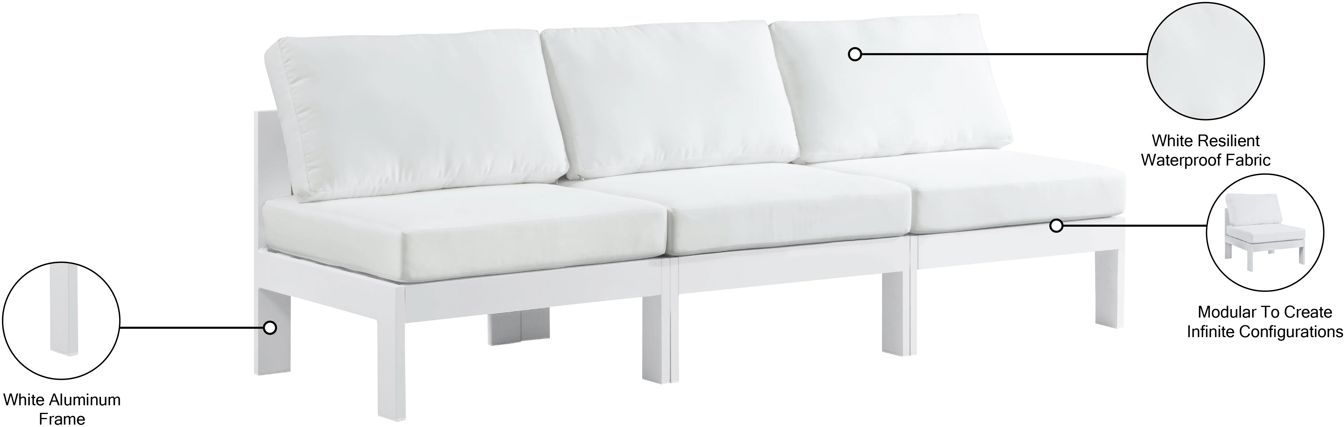 Nizuc Water Resistant Fabric Upholstered Outdoor Patio 3pc. Armless Modular Sofa - Image 18
