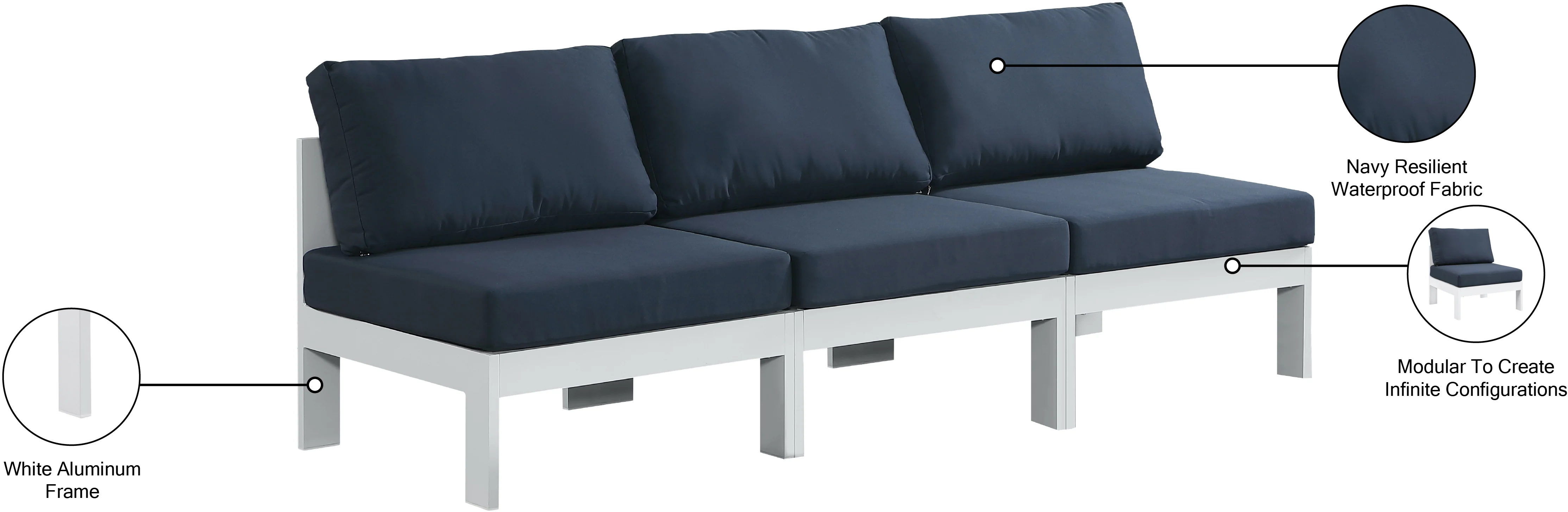 Nizuc Water Resistant Fabric Upholstered Outdoor Patio 3pc. Armless Modular Sofa - Image 26