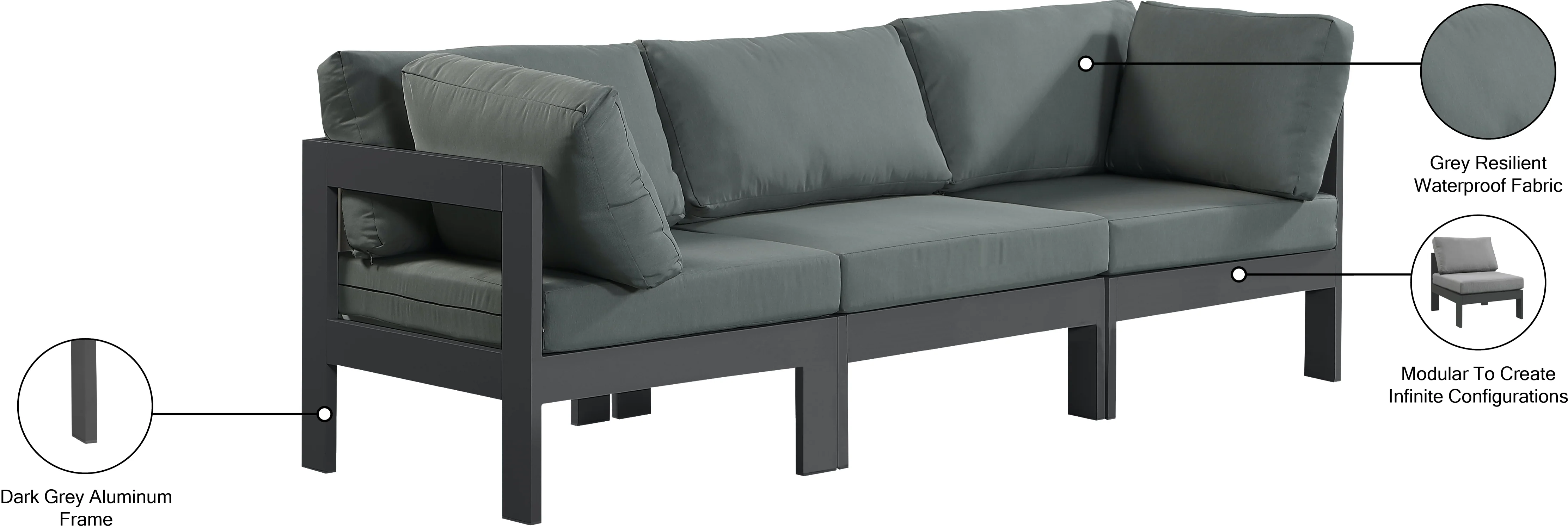 Nizuc Water Resistant Fabric Upholstered Outdoor Patio 3pc. Modular Sofa - Image 9
